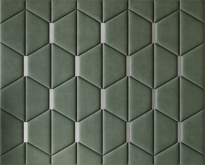 Upholstered wall panels Axis with Silver metal  inserts and Olive finish, modern geometric design and acoustic comfort