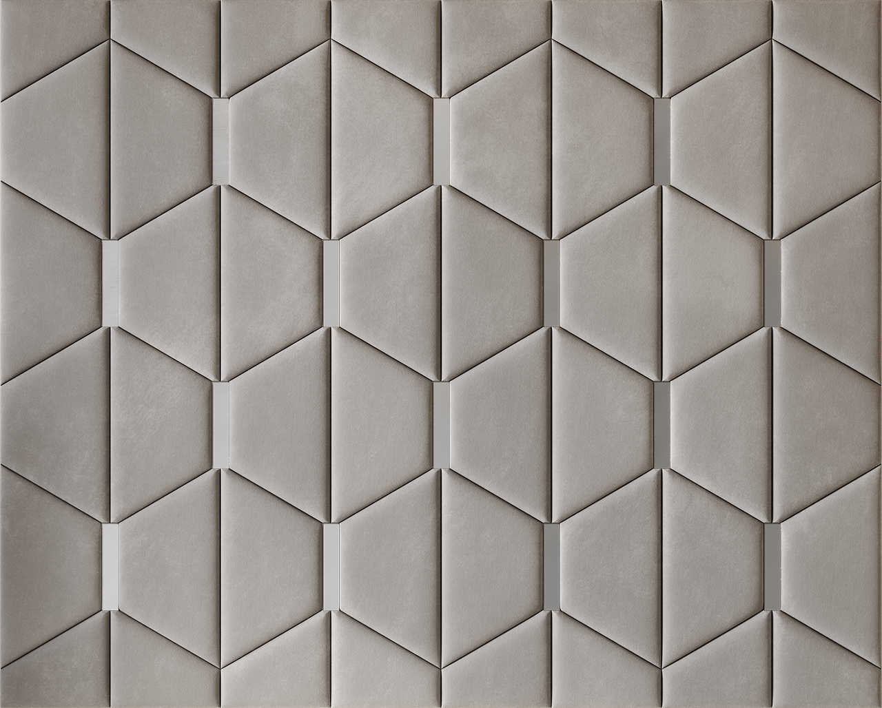 Upholstered wall panels Axis with Silver metal  inserts and Pewter finish, modern geometric design and acoustic comfort