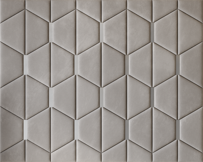 Upholstered wall panels Axis with Silver metal  inserts and Pewter finish, modern geometric design and acoustic comfort
