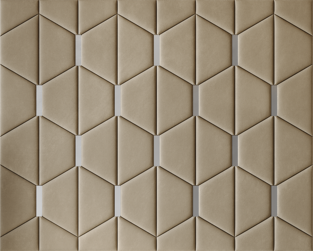 Upholstered wall panels Axis with Silver metal  inserts and Sand finish, modern geometric design and acoustic comfort