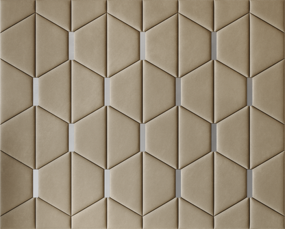 Upholstered wall panels Axis with Silver metal  inserts and Sand finish, modern geometric design and acoustic comfort