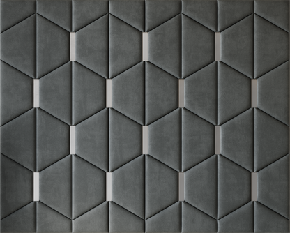 Upholstered wall panels Axis with Silver metal  inserts and Seal finish, modern geometric design and acoustic comfort