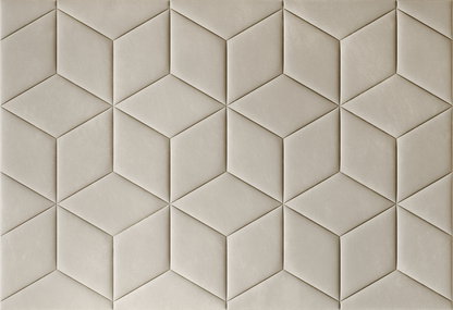 Room wall with upholstered wall panels Hexa in Ivory finish, modern minimalist interior and geometric decor