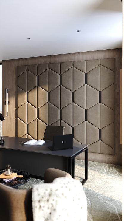 Room wall with upholstered wall panels Axis with Black metal inserts and Bark finish, modern minimalist interior and geometric decor