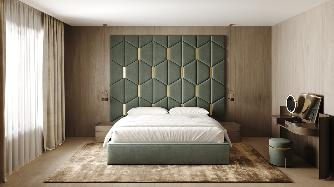 Room wall with upholstered wall panels Axis with Gold metal inserts and Olive finish, modern minimalist interior and geometric decor