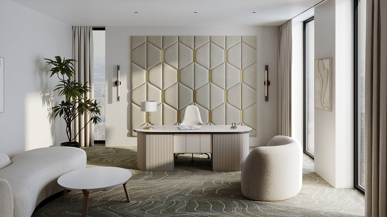 Room wall with upholstered wall panels Axis with Gold metal inserts and Ivory finish, modern minimalist interior and geometric decor