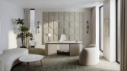 Room wall with upholstered wall panels Axis with Gold metal inserts and Ivory finish, modern minimalist interior and geometric decor