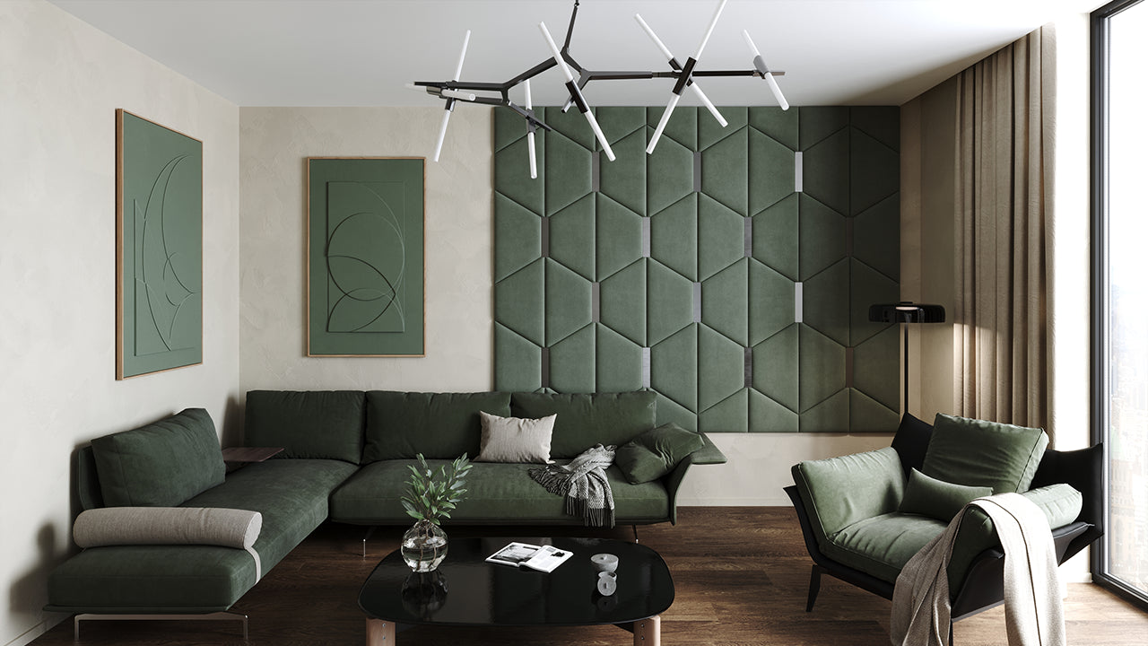 Room wall with upholstered wall panels Axis with Silver metal inserts and Olive finish, modern minimalist interior and geometric decor