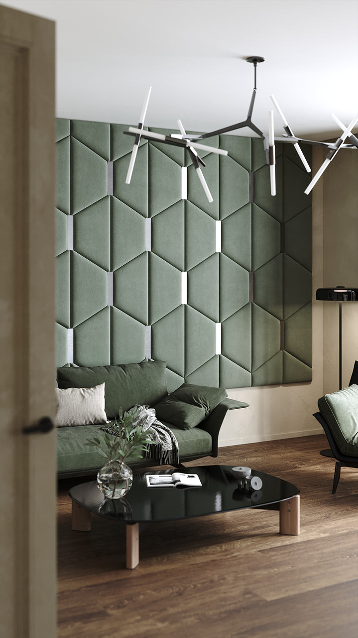 Room wall with upholstered wall panels Axis with Silver metal inserts and Olive finish, modern minimalist interior and geometric decor