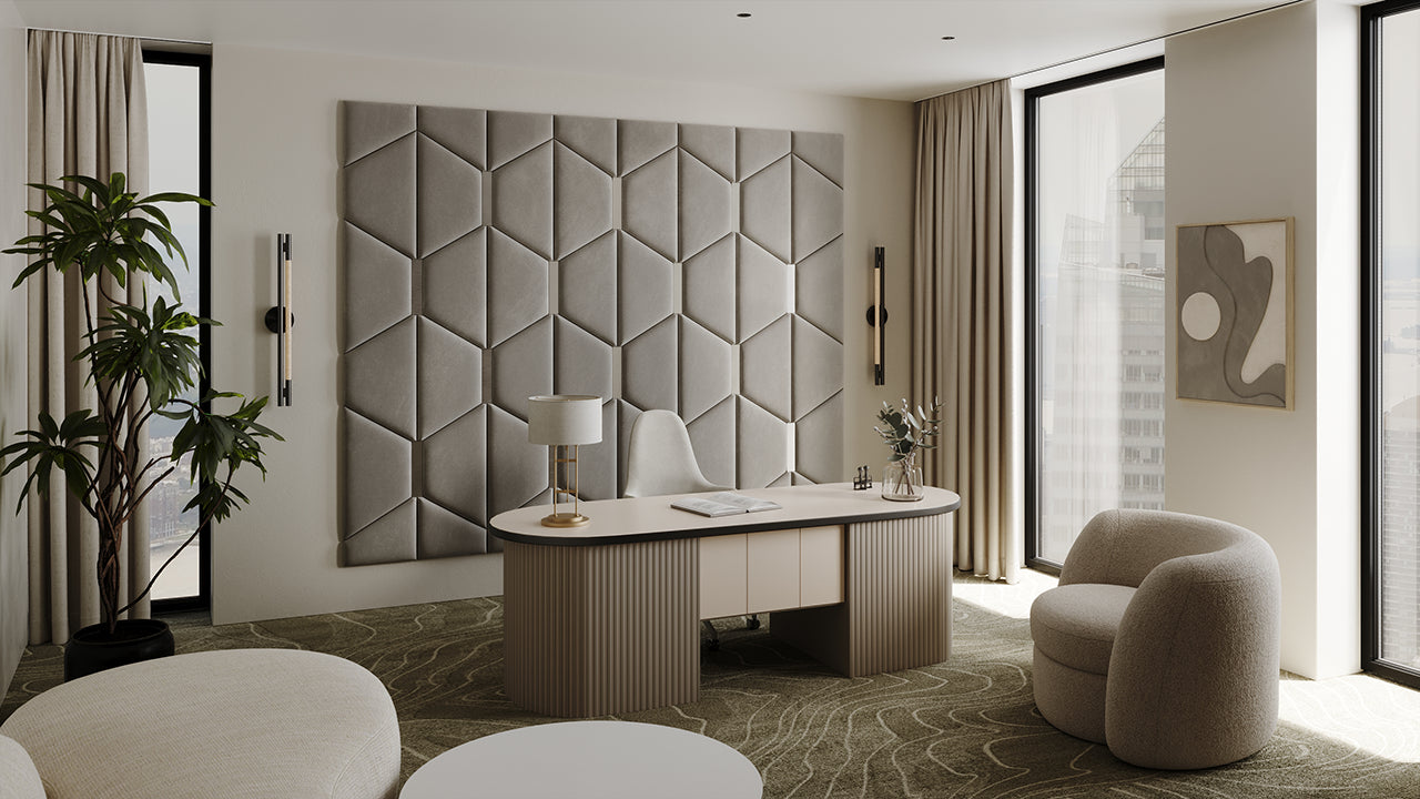 Room wall with upholstered wall panels Axis with Silver metal inserts and Pewter finish, modern minimalist interior and geometric decor