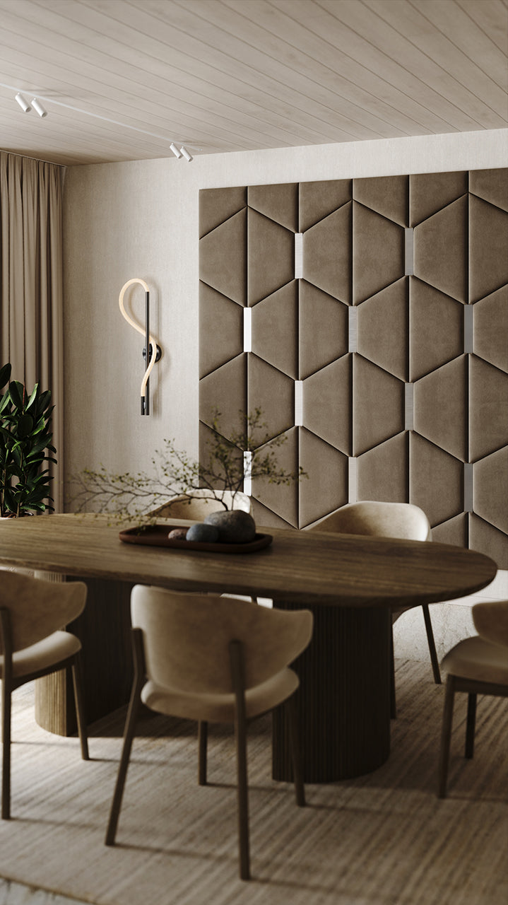 Room wall with upholstered wall panels Axis with Silver metal inserts and Bark finish, modern minimalist interior and geometric decor