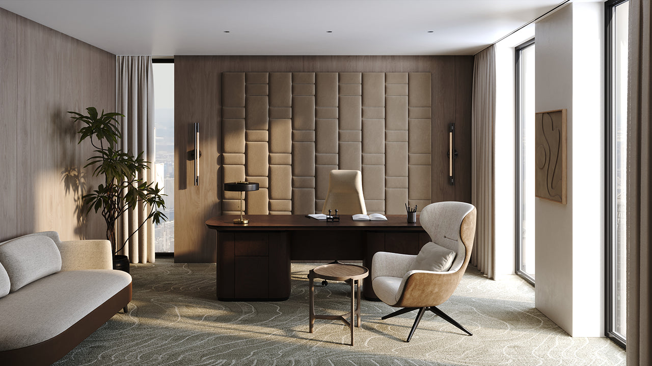 Upholstered wall panels Brick in Bark finish, modern geometric design and acoustic comfort