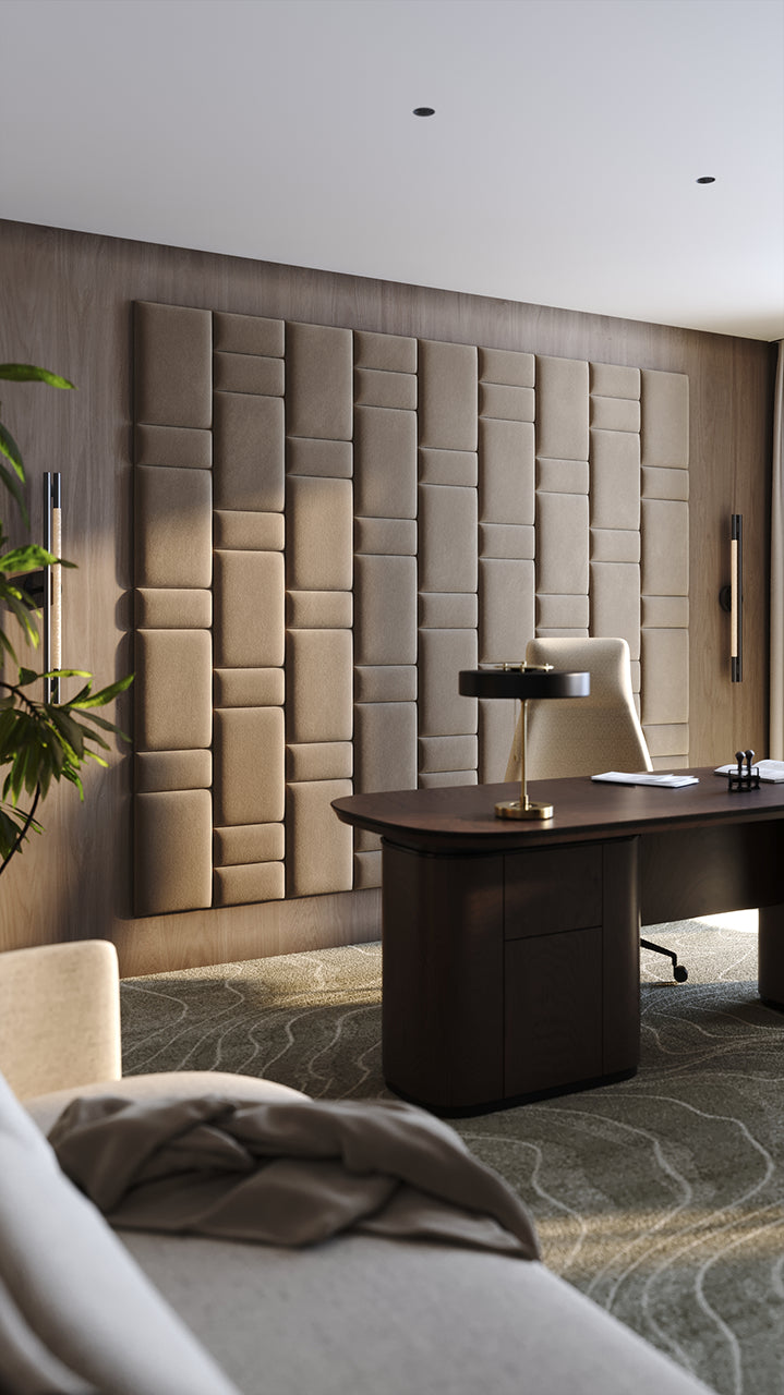 Upholstered wall panels Brick in Bark finish, modern geometric design and acoustic comfort