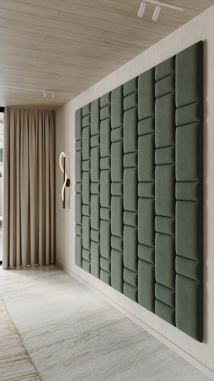 Room wall with upholstered wall panels Brick in Olive finish, geometric decor