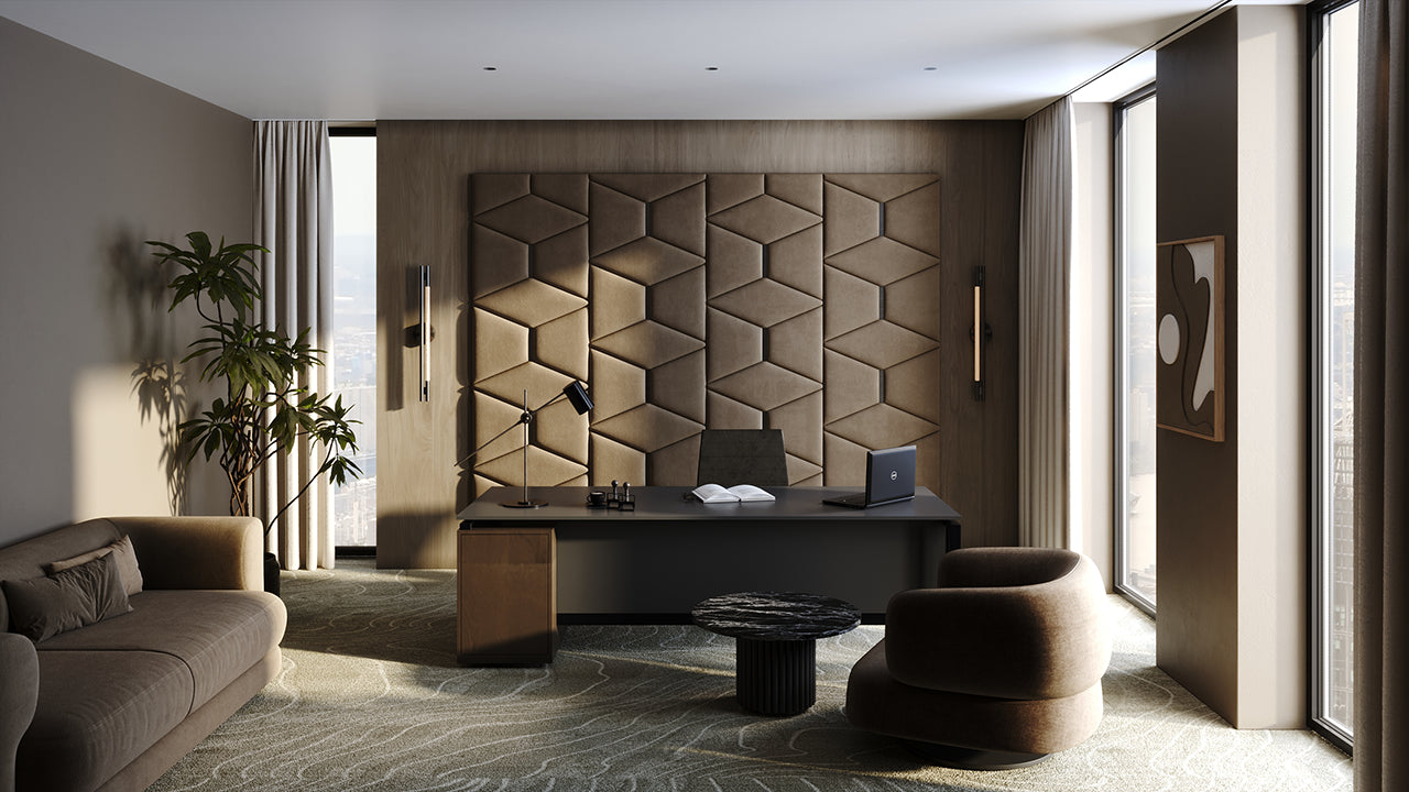 Room wall with upholstered wall panels Prism with Black metal inserts and Bark finish, modern minimalist interior and geometric decor