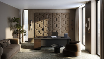Room wall with upholstered wall panels Prism with Black metal inserts and Bark finish, modern minimalist interior and geometric decor