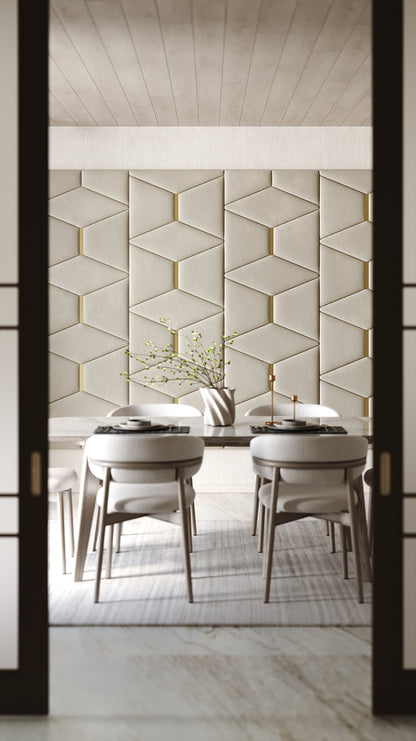 Room wall with upholstered wall panels Prism with Gold metal inserts and Ivory finish, modern minimalist interior and geometric decor