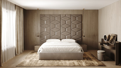 Room wall with upholstered wall panels Prism with Silver metal inserts and Bark finish, modern minimalist interior and geometric decor