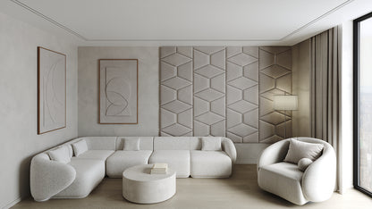 Room wall with upholstered wall panels Prism with Silver metal inserts and Pewter finish, modern minimalist interior and geometric decor