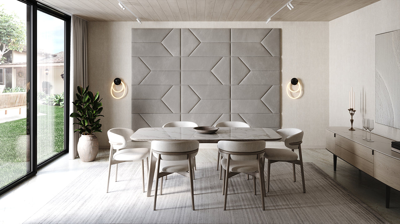 Room wall with upholstered wall panels Pulse in Pewter finish, modern minimalist interior and geometric decor
