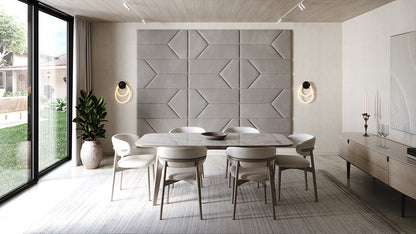 Room wall with upholstered wall panels Pulse in Pewter finish, modern minimalist interior and geometric decor