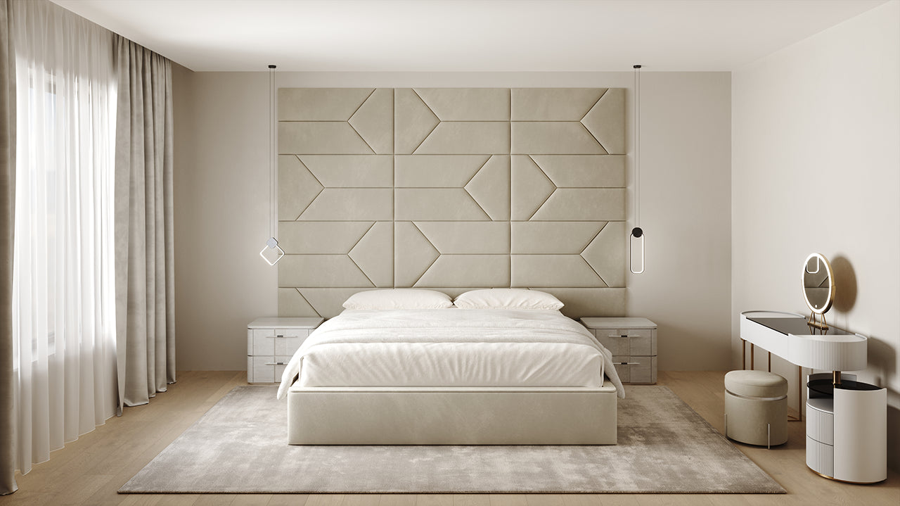 Room wall with upholstered wall panels Pulse in Ivory finish, modern minimalist interior and geometric decor