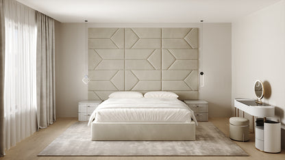 Room wall with upholstered wall panels Pulse in Ivory finish, modern minimalist interior and geometric decor