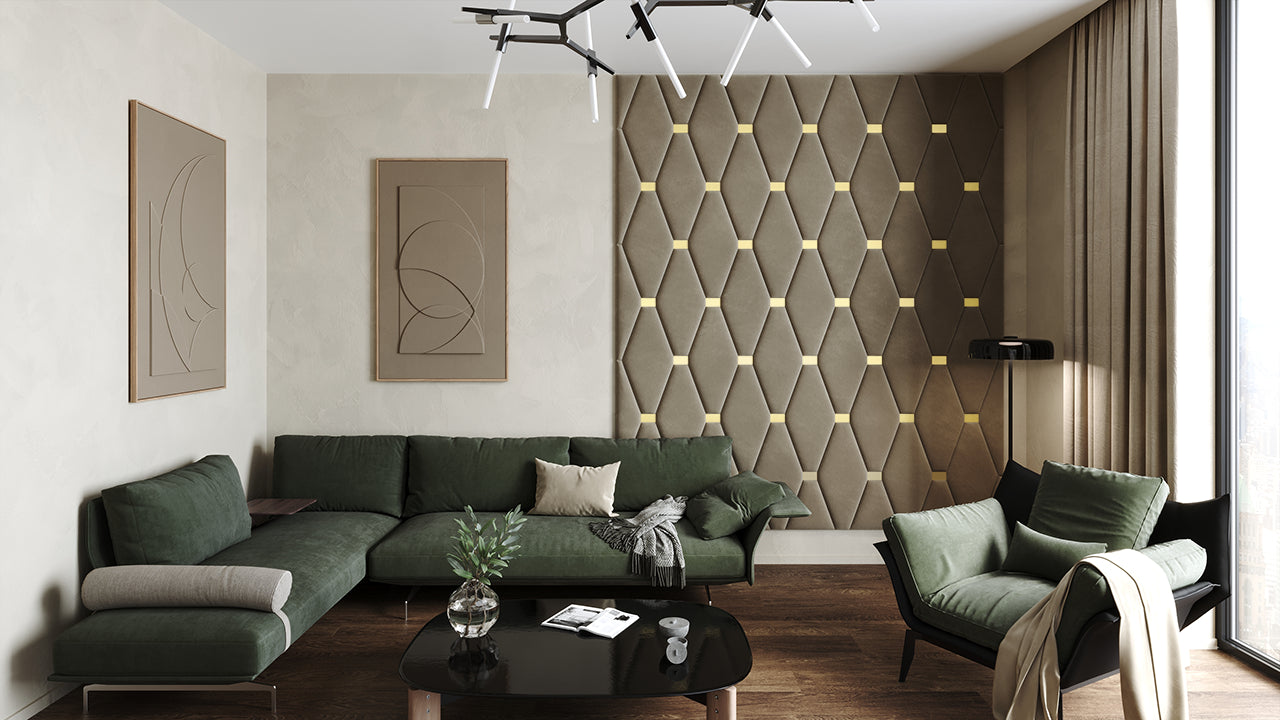 Room wall with upholstered wall panels Wave with Gold metal inserts and Bark finish, modern minimalist interior and geometric decor