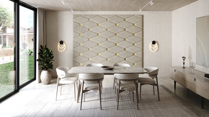 Room wall with upholstered wall panels Wave with Gold metal inserts and Ivory finish, modern minimalist interior and geometric decor