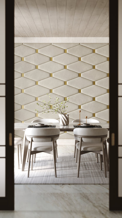 Room wall with upholstered wall panels Wave with Gold metal inserts and Ivory finish, modern minimalist interior and geometric decor