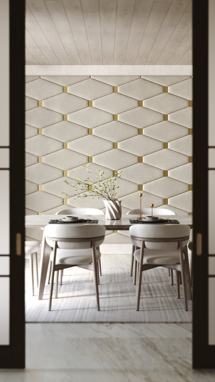 Room wall with upholstered wall panels Wave with Gold metal inserts and Ivory finish, modern minimalist interior and geometric decor