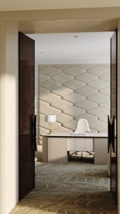 Room wall with upholstered wall panels Wave with Silver metal inserts and Ivory finish, modern minimalist interior and geometric decor