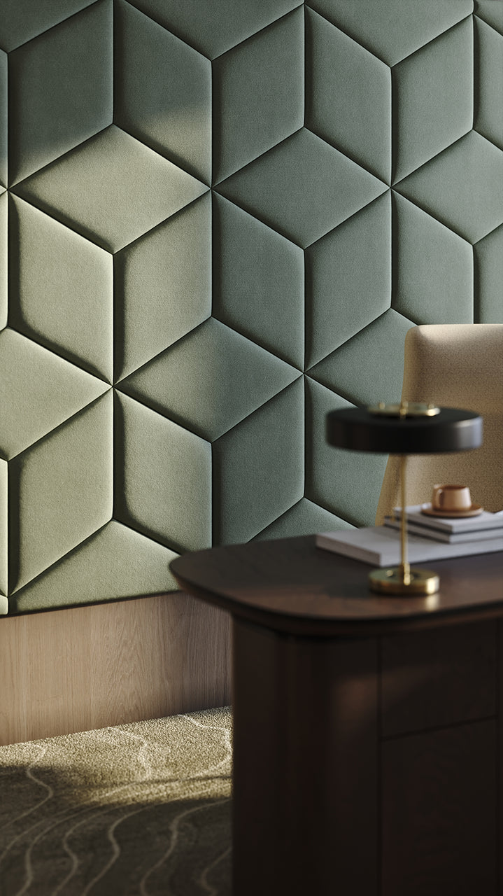 Room wall with upholstered wall panels Hexa in Olive finish geometric decor