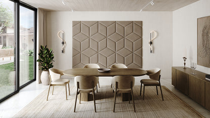 Room wall with upholstered wall panels Hexa in Bark finish, modern minimalist interior and geometric decor