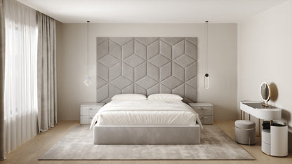Room wall with upholstered wall panels Hexa in Pewter finish, modern minimalist interior and geometric decor