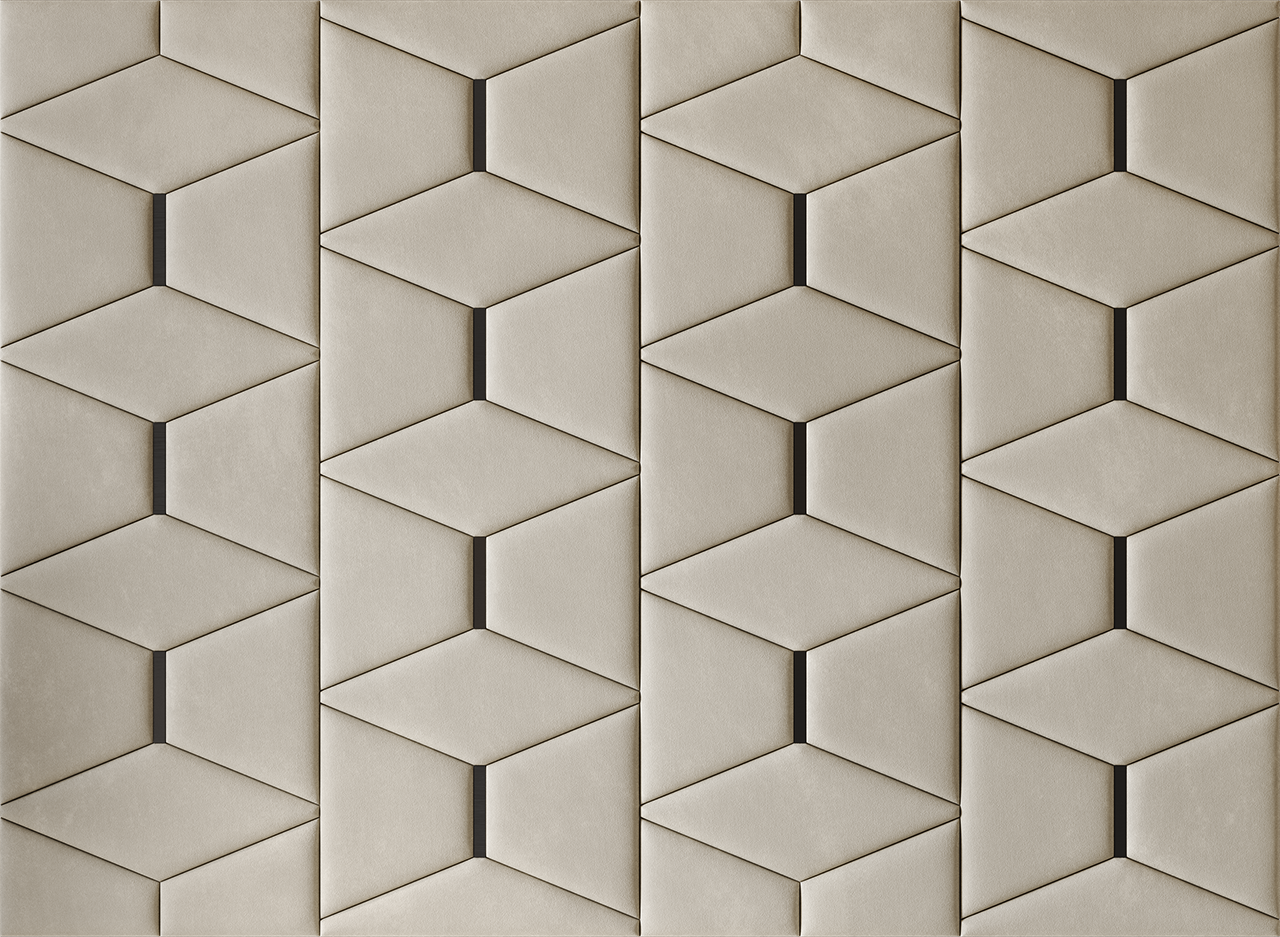 Upholstered wall panels Prism with Black metal inserts and Ivory finish, modern geometric design and acoustic comfort