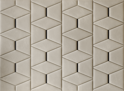 Upholstered wall panels Prism with Black metal inserts and Ivory finish, modern geometric design and acoustic comfort