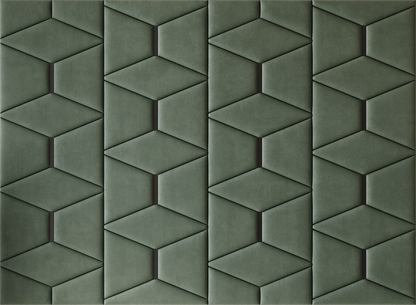 Upholstered wall panels Prism with Black metal inserts and Olive finish, modern geometric design and acoustic comfort
