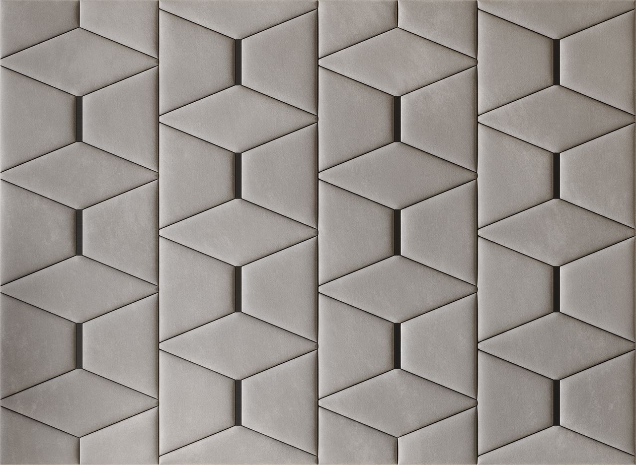 Upholstered wall panels Prism with Black metal inserts and Pewter finish, modern geometric design and acoustic comfort