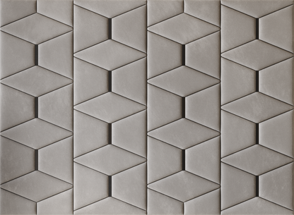 Upholstered wall panels Prism with Black metal inserts and Pewter finish, modern geometric design and acoustic comfort