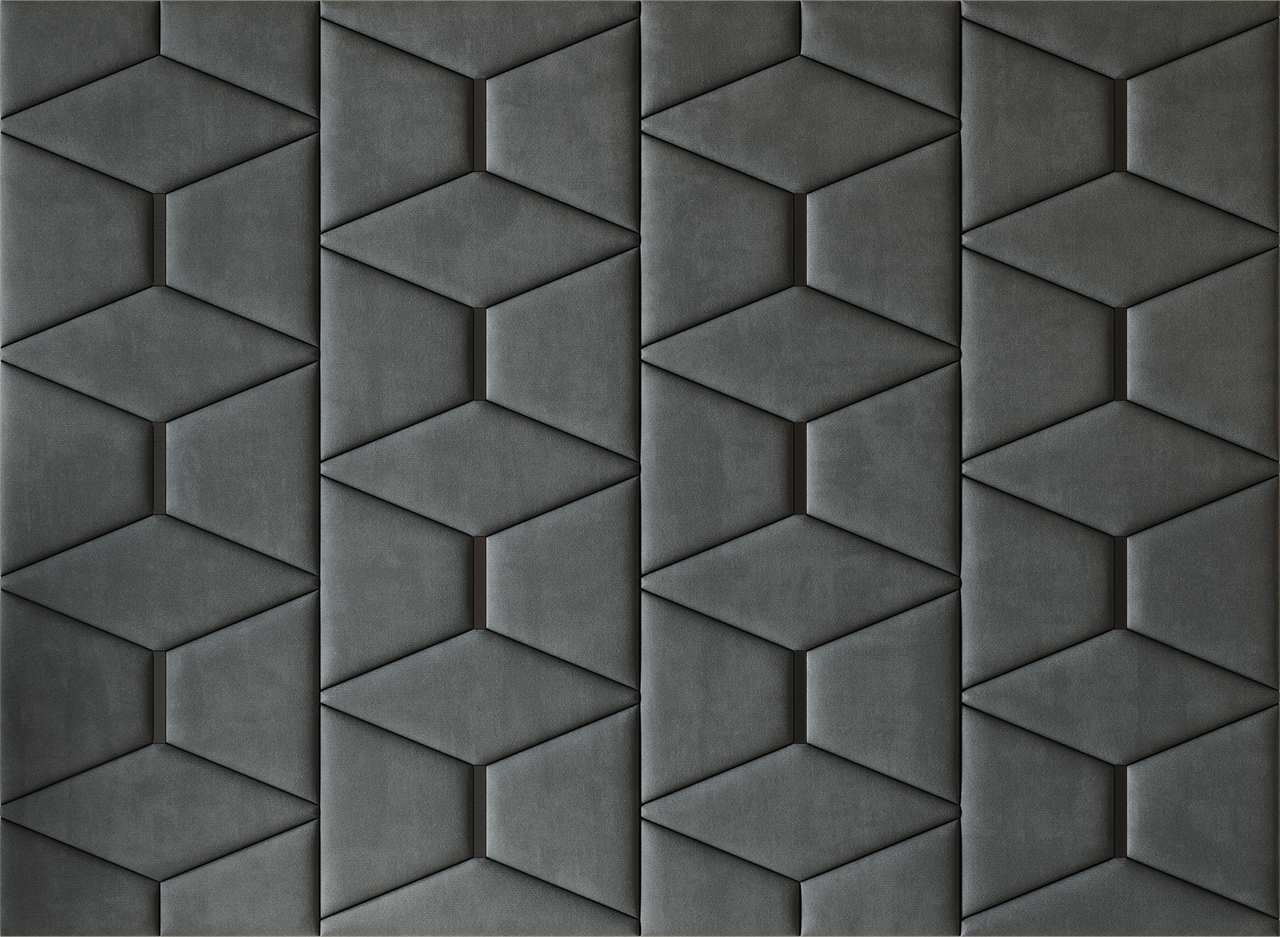 Upholstered wall panels Prism with Black metal inserts and Seal finish, modern geometric design and acoustic comfort