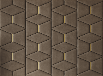 Upholstered wall panels Prism with Gold metal inserts and Bark finish, modern geometric design and acoustic comfort