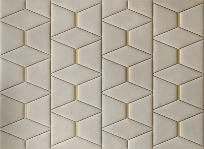Upholstered wall panels Prism with Gold metal inserts and Ivory finish, modern geometric design and acoustic comfort