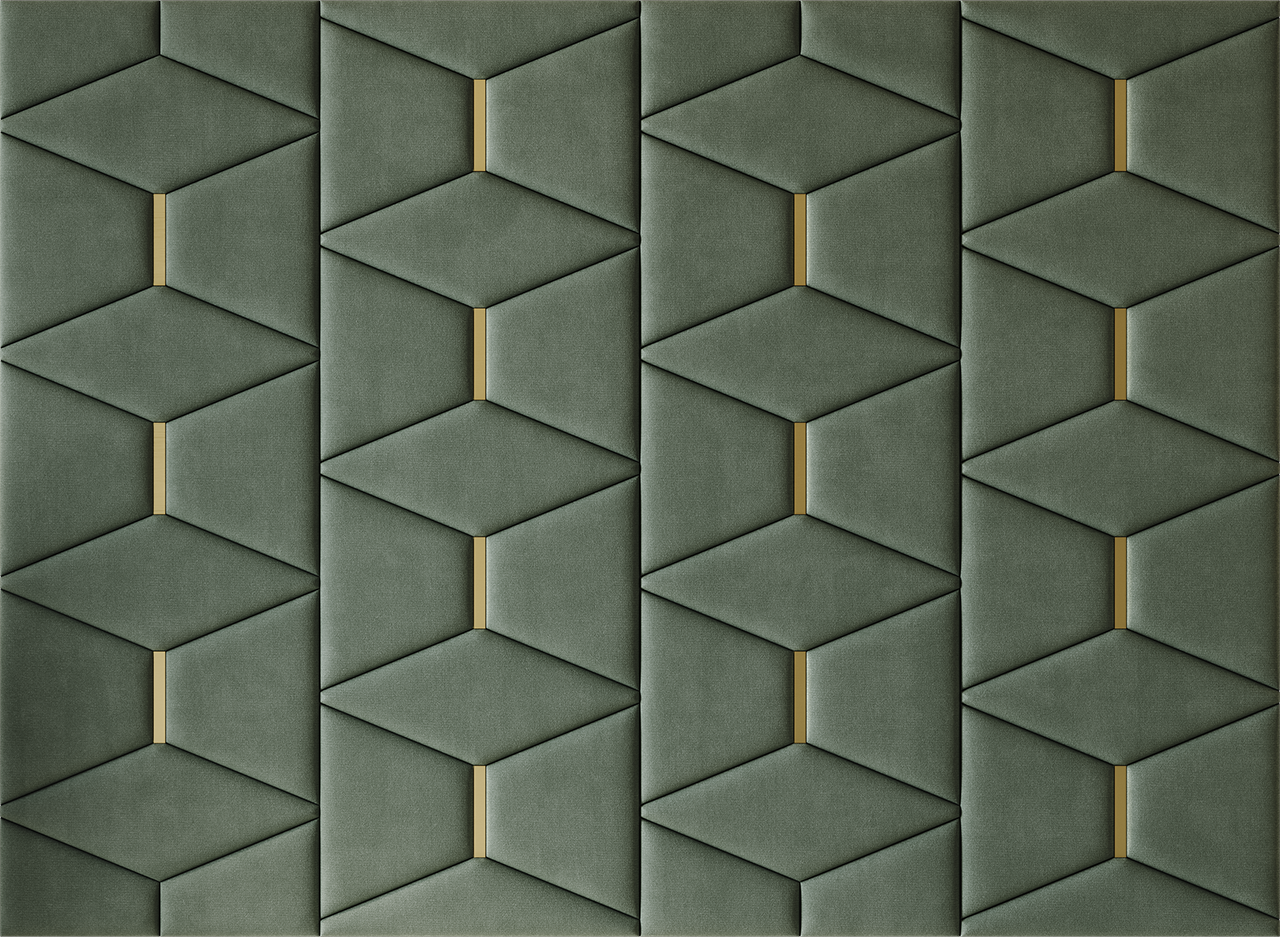 Upholstered wall panels Prism with Gold metal inserts and Olive finish, modern geometric design and acoustic comfort