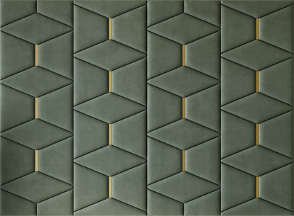Upholstered wall panels Prism with Gold metal inserts and Olive finish, modern geometric design and acoustic comfort