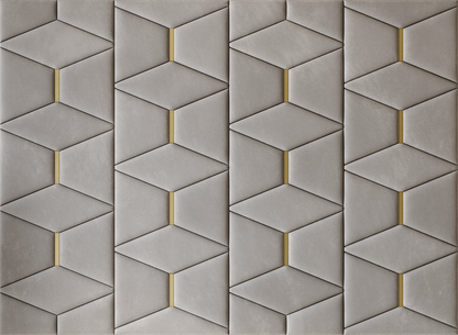 Upholstered wall panels Prism with Gold metal inserts and Pewter finish, modern geometric design and acoustic comfort