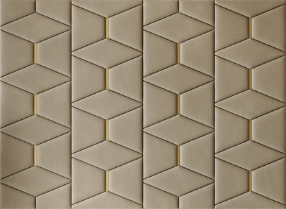 Upholstered wall panels Prism with Gold metal inserts and Sand finish, modern geometric design and acoustic comfort