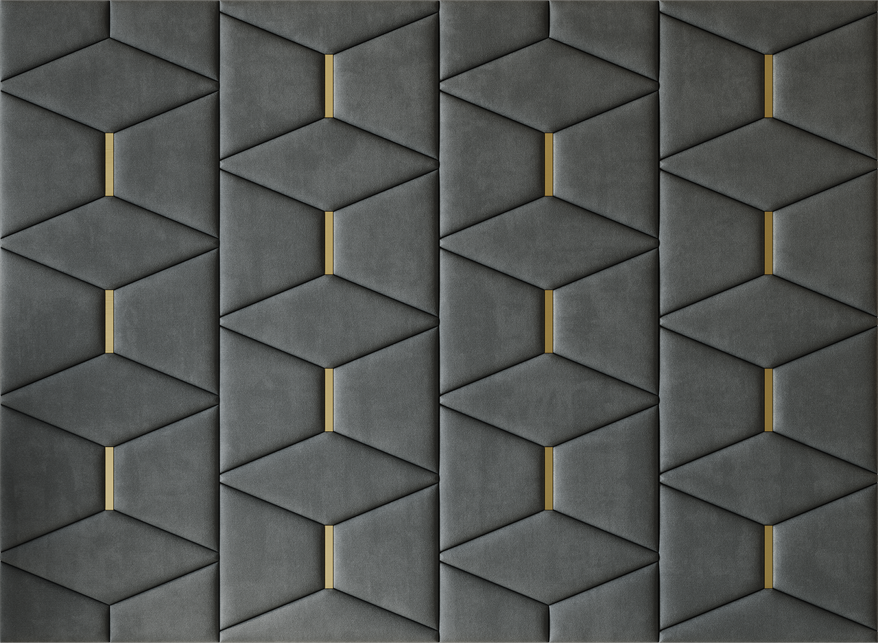 Upholstered wall panels Prism with Gold metal inserts and Seal finish, modern geometric design and acoustic comfort