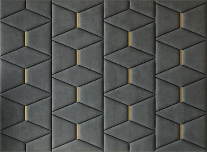 Upholstered wall panels Prism with Gold metal inserts and Seal finish, modern geometric design and acoustic comfort