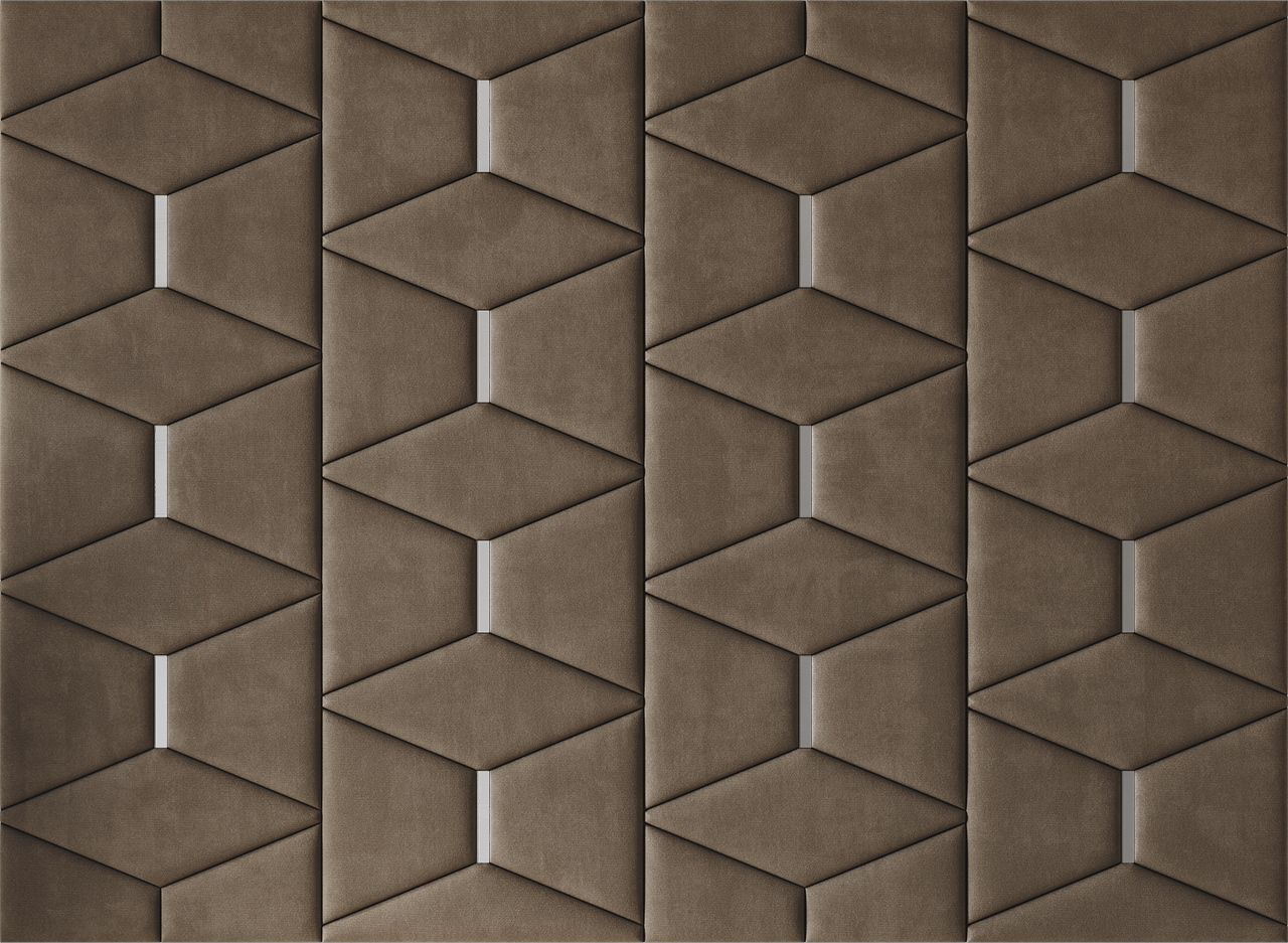 Upholstered wall panels Prism with Silver metal inserts and Bark finish, modern geometric design and acoustic comfort